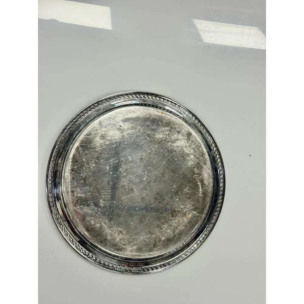 Vintage Silverplate Serving Tray 12” Round Ornate Floral Scrollwork